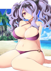 Rule 34 | 1girl, alternate costume, alternate hairstyle, bare shoulders, beach, bikini, blush, breasts, camilla (fire emblem), cleavage, curvy, fire emblem, fire emblem fates, hair over one eye, large breasts, long hair, looking at viewer, momosemocha, navel, nintendo, o-ring, o-ring bikini, purple bikini, purple eyes, purple hair, sitting, smile, solo, swimsuit, twintails, wide hips