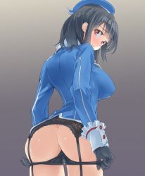 Rule 34 | 10s, 1girl, ass, ass support, beret, black gloves, black hair, black panties, blazer, blush, breasts, butt crack, cowboy shot, from behind, garter belt, gloves, gradient background, hat, jacket, kantai collection, large breasts, looking at viewer, looking back, no pants, panties, panty pull, red eyes, short hair, solo, standing, takao (kancolle), thigh gap, underwear, yahako