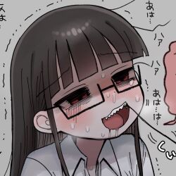 Rule 34 | 1girl, bags under eyes, black hair, blunt bangs, blush, collared shirt, commentary request, cropped, drooling, furrowed brow, glasses, grey background, half-closed eyes, head back, highres, laughing, long hair, nervous, nervous smile, nervous sweating, open mouth, portrait, red eyes, semi-rimless eyewear, sharp teeth, shinigami dot com, shirt, sidelocks, simple background, smile, snot, solo, string, sweat, teeth, tooth pulling, toukyou tama, translation request, trembling, wavy mouth, white shirt, yasashii naizou