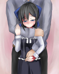 Rule 34 | 1boy, 1girl, black dress, black hair, blue bow, blue eyes, blush, bow, burn scar, dorei to no seikatsu ~teaching feeling~, dress, faceless, faceless male, grey shirt, hair bow, hair ornament, hairclip, holding hands, hand on another&#039;s shoulder, hand on another&#039;s stomach, happy, head out of frame, height difference, hetero, highres, hug, hug from behind, me2o, pink background, scar, shirt, smile, sylvie (dorei to no seikatsu)