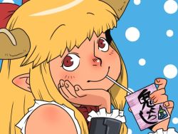 Rule 34 | 1girl, blonde hair, bow, carton, head rest, drink, drinking, drinking straw, hair bow, hand on another&#039;s chin, horns, ibuki suika, juice box, long hair, onikobe rin, red eyes, ribbon, smile, solo, touhou
