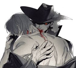Rule 34 | 2boys, alternate eye color, back, biting, blood, blood from mouth, blood on face, couple, dracule mihawk, fangs, from behind, glowing, glowing eye, greyscale, hand on another&#039;s back, head on another&#039;s shoulder, head rest, highres, looking at viewer, male focus, monochrome, multiple boys, neck biting, one piece, red eyes, shanks (one piece), short hair, spot color, toned, toned male, upper body, vampire, veins, veiny hands, yaoi, yji59128254