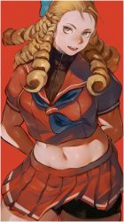 Rule 34 | 1girl, absurdres, antenna hair, arms behind back, bike shorts, blonde hair, blue bow, bow, braid, brown eyes, contrapposto, crop top, crown braid, forehead, hair bow, hair ornament, hair pulled back, halterneck, halterneck, highres, ibuo (ibukht1015), kanzuki karin, midriff, navel, pleated skirt, red background, red sailor collar, red serafuku, red skirt, ringlets, sailor collar, school uniform, serafuku, shorts, shorts under skirt, skirt, solo, standing, street fighter, street fighter zero (series), thick thighs, thighs, toned, zipper