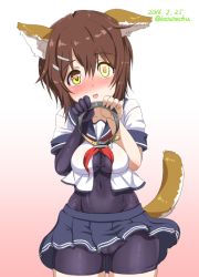 Rule 34 | 10s, 1girl, animal ears, blush, bodysuit, breasts, brown hair, collar, covered navel, dated, dog ears, dog tail, elbow gloves, furutaka (kancolle), gloves, glowing, glowing eye, hair ornament, hairclip, heart, heart-shaped pupils, kantai collection, katou techu, kemonomimi mode, looking at viewer, navel, open mouth, school uniform, serafuku, short hair, single elbow glove, skirt, smile, solo, symbol-shaped pupils, tail, twitter username, yellow eyes