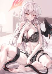 1girl :p absurdres bed black_bra black_garter_straps black_wings blue_archive bow bra braid breasts closed_mouth commentary demon_wings garter_straps grey_hair hair_bow halo haruna_(blue_archive) highres indoors large_breasts licking_lips lingerie long_hair navel on_bed orange_bow pillow red_eyes red_halo side_braid single_wing sitting smile solo stomach sunnysideup thigh_strap tongue tongue_out underwear underwear_only wings