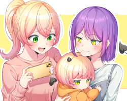 Rule 34 | 3girls, absurdres, alternate costume, baby, baby carry, blonde hair, blush, breasts, carrying, cellphone, child, child carry, couple, demon tail, family, gradient hair, green eyes, high ponytail, highres, holding, holding baby, holding phone, hololive, husband and wife, if they mated, ips cells, long hair, medium breasts, momosuzu nene, mother and child, mother and daughter, multicolored hair, multiple girls, okome 0628, open mouth, original, phone, pink hair, purple hair, shirt, short hair, sidelocks, smartphone, smile, tail, tokoyami towa, virtual youtuber, wife and wife, yuri