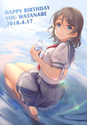 Rule 34 | 1girl, blue eyes, bottle, character name, cowengium, dated, grey hair, happy birthday, highres, holding, holding bottle, in water, legs together, love live!, love live! sunshine!!, neckerchief, pleated skirt, red neckerchief, school uniform, serafuku, short hair, short sleeves, skirt, smile, solo, uranohoshi school uniform, watanabe you, water, water bottle