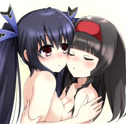 Rule 34 | 2girls, :o, black hair, blue ribbon, blunt bangs, blush, braid, breast press, breasts, cheek-to-cheek, cleavage, closed eyes, couple, doria (p f dolia), female focus, hair between eyes, hair ribbon, hairband, heads together, highres, hug, imminent kiss, k-sha, long hair, looking at another, medium breasts, multiple girls, neptune (series), noire (neptunia), nude, open mouth, red eyes, red hairband, ribbon, shin jigen game neptune vii, sideboob, simple background, smile, twin braids, twintails, upper body, white background, yuri
