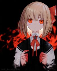 Rule 34 | 1girl, blonde hair, blood, blood on hands, censored, commentary, dark background, darkness, hair ribbon, highres, kky, looking at viewer, mosaic censoring, neck ribbon, red eyes, red ribbon, ribbon, rumia, short hair, solo, touhou, twitter username, upper body