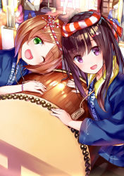 Rule 34 | 4girls, :d, ;d, brown hair, copyright request, drum, faceless, faceless female, green eyes, hair ornament, hairband, hairclip, highres, instrument, long hair, looking at viewer, multiple girls, official art, one eye closed, open mouth, original, purple eyes, short hair, smile, standing, tag, taiko drum, takasaka donten, upper body, wristband
