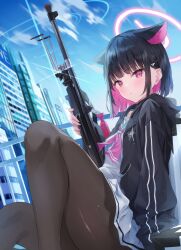 Rule 34 | 1girl, :o, animal ears, black hair, black hoodie, black jacket, blue archive, blue sky, brown pantyhose, building, cat ears, city, cloud, colored inner animal ears, colored inner hair, dutch angle, extra ears, green sailor collar, gun, hair ornament, hairclip, halo, highres, hood, hooded jacket, hoodie, jacket, kazusa (blue archive), knee up, long sleeves, looking at viewer, miniskirt, multicolored hair, neckerchief, outdoors, pantyhose, pink eyes, pink hair, pink halo, pink neckerchief, pleated skirt, rifle, sailor collar, shirt, short hair, sitting, skirt, sky, sniper rifle, solo, thighs, weapon, weapon request, white shirt, white skirt, yuiko 0421