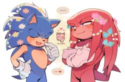 Rule 34 | ..., 1girl, 2boys, amy rose, animal ears, animal nose, artist name, blue flower, blue fur, blush, bracelet, closed eyes, closed mouth, crossed arms, fang, flower, furry, furry female, furry male, gloves, gold bracelet, half-closed eyes, hand on own hip, hand up, hands up, heart, hedgehog, hedgehog ears, hedgehog girl, hedgehog tail, jewelry, knuckles the echidna, looking at another, multiple boys, open mouth, own hands together, pink flower, pink fur, pink gloves, purple eyes, red fur, simple background, sk rokuro, smile, sonic (series), sonic the hedgehog, speech bubble, sweat, sweatdrop, tail, tongue, white background, white flower, white gloves, yellow flower