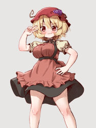 Rule 34 | 1girl, aki minoriko, apron, arinu, black skirt, blonde hair, blush, breasts, closed mouth, fruit hat ornament, grape hat ornament, grey background, hair between eyes, hat ornament, highres, large breasts, red apron, red eyes, shirt, short hair, short sleeves, simple background, skirt, smile, solo, touhou, v, yellow shirt