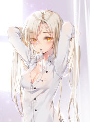 Rule 34 | 1girl, absurdres, adjusting hair, arms behind head, arms up, azur lane, blonde hair, blush, breasts, buttons, cleavage, closed mouth, collarbone, collared shirt, covered erect nipples, dress shirt, hair between eyes, hair over one eye, half-closed eyes, highres, holding, holding own hair, long hair, long sleeves, looking at viewer, maya g, medium breasts, mouth hold, partially unbuttoned, ribbon, ribbon in mouth, sheffield (azur lane), shirt, solo, tying hair, unbuttoned, very long hair, white shirt, wing collar, yellow eyes