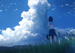 Rule 34 | 1girl, anyotete, black hair, blue sailor collar, blue skirt, blue sky, briefcase, cloud, commentary, cumulonimbus cloud, day, english commentary, from behind, from below, grass, holding, holding briefcase, lens flare, light particles, mountainous horizon, original, outdoors, plant, pleated skirt, sailor collar, scenery, school uniform, serafuku, shirt, short hair, short sleeves, skirt, sky, solo, standing, summer, white shirt, wide shot