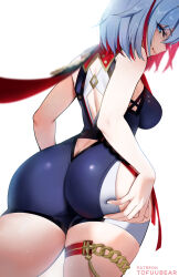 Rule 34 | 1girl, ass, ass focus, ass grab, bare shoulders, blue eyes, blush, breasts, butt crack, cameltoe, come hither, deep skin, from behind, from below, highres, honkai: star rail, honkai (series), huge ass, large breasts, leotard, looking at viewer, looking back, looking down, medium breasts, multicolored hair, naughty face, red hair, scarf, short hair, short shorts, shorts, sideboob, smile, solo, thick thighs, thigh strap, thighs, tofuubear, topaz (honkai: star rail), two-tone hair, white hair
