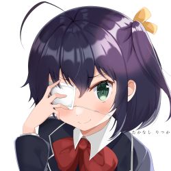 Rule 34 | 1girl, absurdres, ahoge, bad hand, black hair, black jacket, blush, bow, bowtie, chuunibyou demo koi ga shitai!, closed mouth, commentary, eyepatch, green eyes, hair ribbon, hand up, highres, jacket, long sleeves, looking at viewer, medical eyepatch, medium hair, one side up, portrait, red bow, red bowtie, ribbon, shi zhuzi da, short hair, simple background, smile, solo, takanashi rikka, translation request, upper body, white background, yellow ribbon