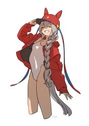 Rule 34 | 1girl, alternate costume, alternate hairstyle, animal ears, braid, braided ponytail, breasts, closed eyes, cropped legs, facial hair, grey hair, grin, hair between eyes, hand on headwear, highres, horse ears, horse girl, horse tail, jacket, long hair, long sleeves, one-piece swimsuit, open clothes, open jacket, red headwear, red jacket, rongai rongai, sign, simple background, small breasts, smile, solo, swimsuit, tail, tamamo cross (umamusume), umamusume, white background, white one-piece swimsuit