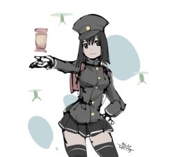 Rule 34 | 10s, 1girl, 2017, 4suke, akitsu maru (kancolle), artist name, backpack, bag, black eyes, black hair, black hat, black skirt, black thighhighs, buttons, closed mouth, contrapposto, cowboy shot, dated, gloves, hair between eyes, hand on own hip, hat, kantai collection, lantern, long sleeves, looking away, looking to the side, military, military uniform, miniskirt, peaked cap, pleated skirt, randoseru, short hair, simple background, sketch, skirt, smile, solo, standing, thighhighs, turtleneck, uniform, white background, white gloves, zettai ryouiki