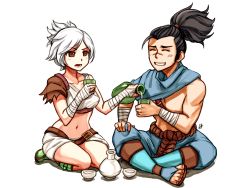 Rule 34 | 1girl, black hair, bottle, brown eyes, cup, highres, league of legends, long hair, navel, open mouth, ponytail, riven (league of legends), sake bottle, scar, seiza, short hair, sieyarelow, simple background, sitting, smile, white hair, wrappings, yasuo (league of legends)