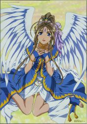 Rule 34 | 1girl, aa megami-sama, angel wings, antenna hair, belldandy, crease, facial mark, fingerless gloves, forehead mark, gloves, happy, high ponytail, highres, jewelry, long hair, looking at viewer, necklace, official art, open mouth, ponytail, ring, scan, sitting, smile, solo, stirrup legwear, tassel, toeless legwear, toes, wariza, wings