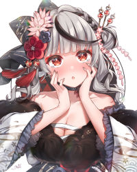 Rule 34 | 1girl, :o, absurdres, anzu 1026, bare shoulders, black hair, blush, braid, breasts, commentary request, flower, frilled sleeves, frills, fur-trimmed kimono, fur trim, hair bun, hair flower, hair ornament, hair stick, hands on own cheeks, hands on own face, highres, hololive, japanese clothes, kimono, large breasts, long sleeves, looking at viewer, medium hair, multicolored hair, red eyes, sakamata chloe, sakamata chloe (new year), silver hair, simple background, single hair bun, solo, streaked hair, tearing up, upper body, virtual youtuber, white background