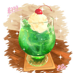 Rule 34 | absurdres, cherry, coaster, cup, drink, drinking glass, food, food focus, fruit, highres, ice cream, ice cream float, melon soda, no humans, original, table, takisou sou