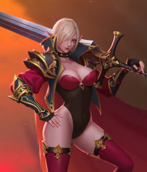 Rule 34 | 1girl, armor, black gloves, blonde hair, blue eyes, breasts, cape, cleavage, closed mouth, collar, covered navel, fingerless gloves, gloves, greatsword, groin, hair over one eye, hand on own hip, head tilt, highleg, highleg leotard, highres, huge weapon, jun rao, large breasts, leotard, long pointy ears, looking at viewer, multicolored background, original, pauldrons, pointy ears, red thighhighs, short hair, shoulder armor, solo, spiked collar, spikes, sword, thighhighs, weapon