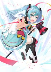 Rule 34 | 1girl, absurdres, aqua eyes, aqua hair, aqua nails, aqua skirt, black thighhighs, blouse, commentary, frilled skirt, frills, hair ribbon, hatsune miku, headphones, highres, holding, holding megaphone, long hair, looking at viewer, magical mirai (vocaloid), magical mirai miku, magical mirai miku (2018), megaphone, nail polish, open mouth, outstretched arms, ribbon, shirt, sidelocks, skirt, sleeveless, smile, solo, thighhighs, twintails, very long hair, vocaloid, white footwear, white ribbon, white shirt, zeppeki shoujo
