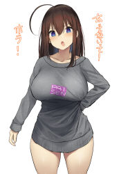 Rule 34 | 1girl, ahoge, arm behind back, blue eyes, blush, breasts, brown hair, clothes pull, clothes writing, collarbone, grey sweater, hair between eyes, highres, large breasts, long hair, long sleeves, looking at viewer, meme, oekakizuki, office lady, open mouth, original, pajamas challenge, senpai (oekakizuki), shirt pull, simple background, solo, sweater, thighs, translated, white background
