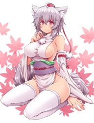 Rule 34 | 1girl, ahoge, alternate costume, amane hasuhito, animal ears, bad id, bad pixiv id, bare shoulders, blush, breasts, colored eyelashes, detached sleeves, hat, inubashiri momiji, large breasts, leaf, leaf background, looking at viewer, maple leaf, naked tabard, no bra, no panties, obi, pelvic curtain, pom pom (clothes), red eyes, sash, short hair, sideboob, silver hair, solo, tabard, tail, thighhighs, tokin hat, touhou, white thighhighs, wide sleeves, wolf ears