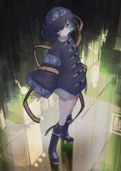 Rule 34 | 1girl, bags under eyes, black footwear, black hair, black jacket, black nails, blue flower, blue hairband, blue rose, boots, closed mouth, collared shirt, colored skin, commentary, floral print, flower, from above, full body, grey jacket, grey skin, hair over one eye, hairband, highres, indie virtual youtuber, jacket, jiangshi, knee boots, leg tattoo, long sleeves, morino douzan, one eye covered, rose, shirt, short hair, socks, solo, standing, tattoo, virtual youtuber, white shirt, wide sleeves, yellow eyes, yosumi (vtuber)