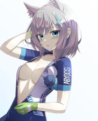 Rule 34 | 1girl, alternate costume, animal ears, blue archive, blue eyes, breasts, cleavage, collarbone, commentary request, extra ears, gloves, hair ornament, highres, looking at viewer, medium breasts, no bra, open clothes, open shirt, ryouta (ryouta335), shiroko (blue archive), shiroko (cycling) (blue archive), silver hair, simple background, solo, sportswear, sweat, white background