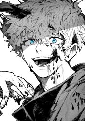 Rule 34 | 1boy, absurdres, blood, blood on face, blood on hands, blue eyes, close-up, gojou satoru, greyscale, highres, jujutsu kaisen, looking at viewer, monochrome, open mouth, portrait, short hair, simple background, solo, spot color, teeth, white background, yotsumi shiro
