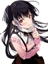 Rule 34 | 1girl, black dress, black hair, blouse, blunt bangs, blush, bow, breasts, brown eyes, dress, embarrassed, from above, highres, kanda done, long hair, long sleeves, looking at viewer, mask, mask pull, medium breasts, mouth mask, open mouth, panties, pink panties, pink shirt, shirt, simple background, skirt, solo, surgical mask, suspenders, sweat, two side up, underwear, white background