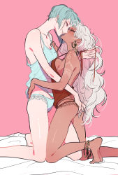 Rule 34 | 2girls, anklet, aqua hair, aqua panties, arm tattoo, ass, barefoot, bed sheet, blush, breast press, breasts, camisole, cleavage, coin (ornament), couple, dark-skinned female, dark skin, earrings, eye contact, face-to-face, feet out of frame, genderswap, genderswap (mtf), grey hair, groin, hand on another&#039;s ass, hand on another&#039;s hip, hand on another&#039;s shoulder, highres, hoooot66, imminent kiss, jade leech, jewelry, kalim al-asim, lace, lace-trimmed panties, lace trim, large breasts, leg between thighs, long hair, looking at another, medium breasts, multiple girls, no pants, on bed, open mouth, pale skin, panties, parted lips, pink background, profile, red panties, short hair, sidelocks, simple background, skinny, smirk, spaghetti strap, strap gap, tattoo, twisted wonderland, underwear, undressing, untying, very long hair, wavy hair, yuri