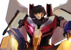 1boy arm_cannon ju33e looking_at_viewer male_focus mecha no_humans red_eyes robot science_fiction simple_background solo starscream transformers transformers_one weapon white_background wings