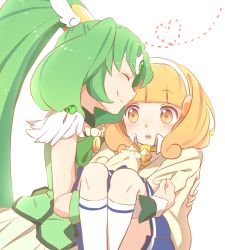 Rule 34 | 10s, 2girls, blonde hair, blush, bow, carrying, cure march, dress, closed eyes, green hair, hairband, heart, heart of string, kana (okitasougo222), kise yayoi, long hair, midorikawa nao, multiple girls, necktie, open mouth, ponytail, precure, princess carry, school uniform, skirt, smile, smile precure!, socks, tiara, tri tails, white background, white hairband, yellow eyes