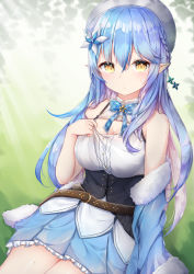 Rule 34 | 1girl, bare shoulders, blue skirt, bow, bowtie, braid, breasts, cleavage, colored inner hair, frilled skirt, frills, fur trim, hair ornament, hat, highres, hololive, large breasts, long hair, looking at viewer, miniskirt, multicolored hair, off shoulder, pleated skirt, pointy ears, shirt, skirt, sleeveless, sleeveless shirt, solo, umou (may65879), underbust, virtual youtuber, white shirt, yukihana lamy
