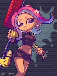 Rule 34 | 1girl, agent 8 (splatoon), artist name, black shirt, black skirt, bracelet, breasts, forehead, highres, jewelry, looking at viewer, medium breasts, midriff, miniskirt, n2uohichan, navel, nintendo, octoling, octoling girl, octoling player character, red eyes, red hair, shirt, short hair, skirt, solo, splatoon (series), suction cups, tentacle hair, tentacles, thighs, weapon