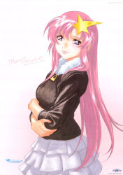 Rule 34 | 00s, 1girl, absurdres, artist name, blue eyes, bomber jacket, character name, copyright name, crossed arms, fukano youichi, fur trim, gundam, gundam seed, gundam seed destiny, hair ornament, highres, jacket, long hair, looking at viewer, looking to the side, meer campbell, official art, pink hair, skirt, solo, star (symbol), star hair ornament