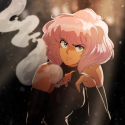 Rule 34 | 1990s (style), 1girl, bare shoulders, big hair, black gloves, breasts, bridal gauntlets, cigarette, commentary, david liu, elbow gloves, english commentary, gloves, green eyes, highres, looking at viewer, partially fingerless gloves, pi (space maria), pink hair, raised eyebrow, retro artstyle, short hair, small breasts, smoke, smoking, solo, space maria