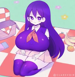 Rule 34 | 1girl, aliceyawnin, blush, breasts, hands on own knees, highres, long hair, looking at viewer, mari (omori), neckerchief, necktie, omori, pale skin, picnic, picnic basket, purple eyes, purple hair, sitting, skirt, smile, solo, thick thighs, thighhighs, thighs, vest