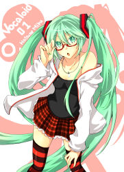 Rule 34 | 1girl, absurdres, bad id, bad pixiv id, female focus, glasses, green eyes, green hair, hatsune miku, highres, jewelry, kocchi muite baby (vocaloid), long hair, matching hair/eyes, nasuko, necklace, open mouth, project diva, project diva (series), project diva 2nd, skirt, solo, striped clothes, striped thighhighs, thighhighs, twintails, very long hair, vocaloid
