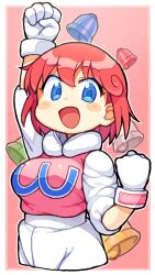 Rule 34 | 1girl, :d, arm up, bachera, bell, blue eyes, blush, breasts, clenched hands, commentary request, gloves, highres, konami, looking at viewer, open mouth, pants, pastel (twinbee), pink background, pink hair, short hair, smile, twinbee, white gloves, white pants