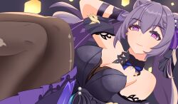 Rule 34 | 1girl, absurdres, bare shoulders, black dress, breasts, cleavage, commentary request, cone hair bun, detached sleeves, dress, feet out of frame, genshin impact, hair bun, highres, keqing (genshin impact), large breasts, long hair, looking at viewer, pantyhose, purple eyes, purple hair, qianjiaqiuhao, short sleeves, smile, solo, strapless, strapless dress, very long hair