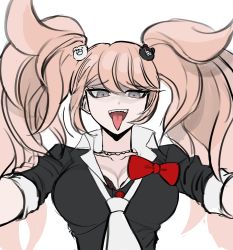 Rule 34 | 1girl, absurdres, bear hair ornament, black shirt, bow, breasts, choker, cleavage, collarbone, danganronpa: trigger happy havoc, danganronpa (series), enoshima junko, floating hair, grey eyes, hair ornament, highres, large breasts, long hair, looking at viewer, loose necktie, medium breasts, nail polish, necktie, no (xpxz7347), open mouth, red bow, school uniform, shirt, simple background, sleeves rolled up, smile, solo, teeth, tongue, tongue out, twintails, upper body, upper teeth only, white background, white necktie
