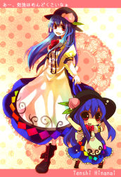 Rule 34 | 2girls, :d, blue hair, character name, chibi, dual persona, food, fruit, full body, hat, hinanawi tenshi, long hair, multiple girls, musou yuchi, open mouth, peach, red eyes, smile, standing, text focus, touhou, translation request