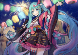 Rule 34 | 1girl, :d, absurdres, aerial fireworks, aqua hair, black choker, black skirt, blue eyes, blurry, blurry background, blush, breasts, choker, cleavage, commentary request, depth of field, fireworks, frilled skirt, frills, hair ornament, hairclip, hatsune miku, highres, lantern, long hair, long sleeves, looking at viewer, magical mirai miku, magical mirai miku (2020 summer), night, night sky, open mouth, outdoors, outstretched arm, paper lantern, sidelocks, skirt, sky, small breasts, smile, solo focus, star (sky), starry sky, twintails, twitter username, very long hair, vocaloid, wide sleeves, x hair ornament, zranin
