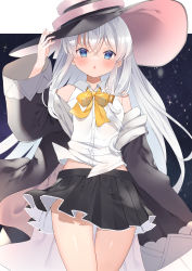 Rule 34 | 1girl, absurdres, arm up, black hat, black robe, black skirt, blue eyes, commission, elaina (majo no tabitabi), grey hair, hand on headwear, hat, highres, long hair, majo no tabitabi, miniskirt, off shoulder, open mouth, pleated skirt, robe, shirt, shokorate, skeb commission, skirt, sleeveless, sleeveless shirt, sleeves past wrists, solo, thigh gap, thighs, white shirt, wind, wind lift, witch hat